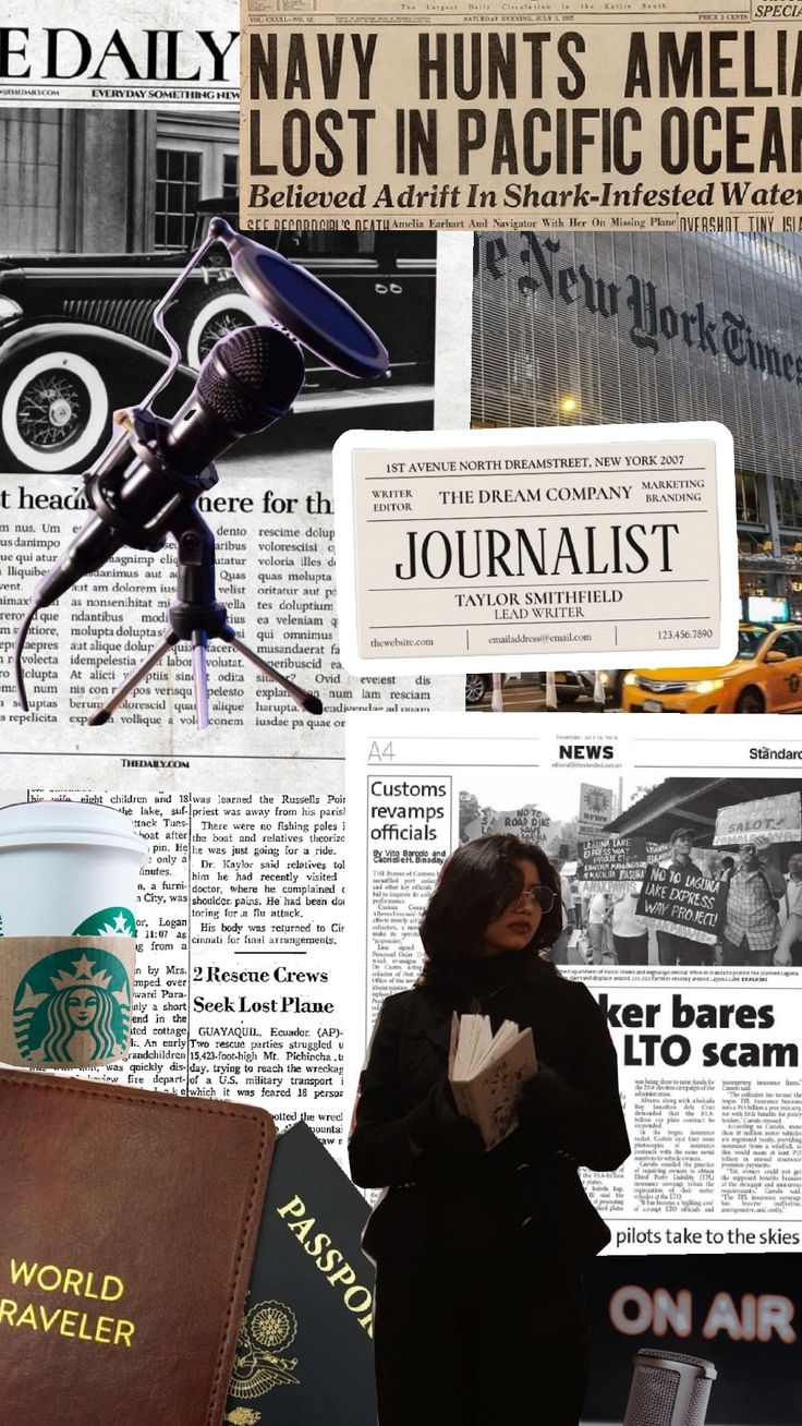 a woman standing in front of a newspaper