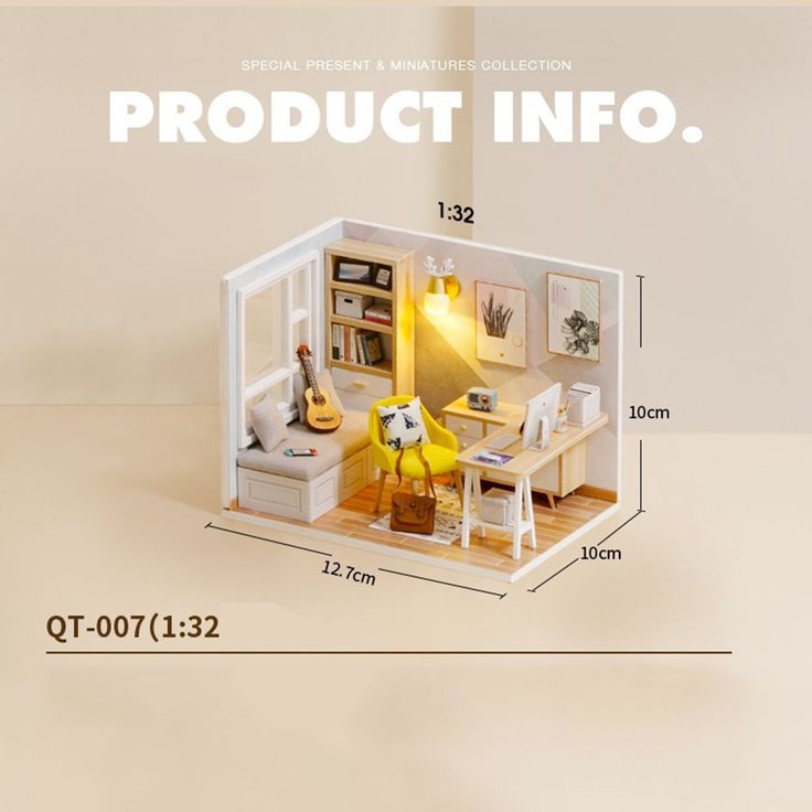 an image of a model house with furniture and accessories in it, labeled product info