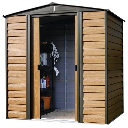 an outdoor storage shed with its doors open and the inside door opened to show it's contents