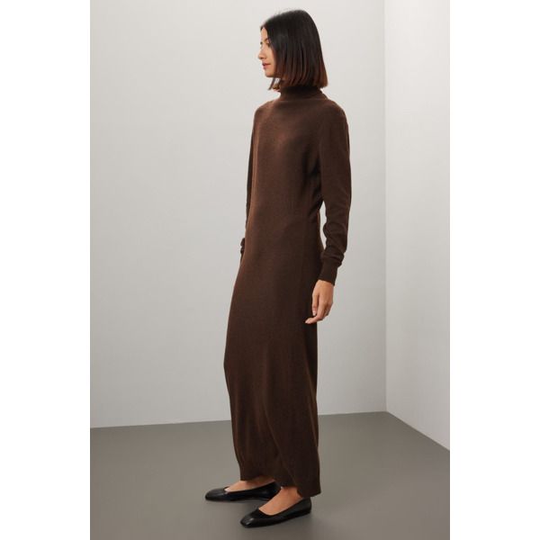 Brown knit (30% Wool, 30% Viscose, 30% Polyamide, 10% Cashmere). Sweater Sheath. Long sleeves. Turtleneck. Pull on. 47" from shoulder to hemline. Imported. Fall Daywear Long Maxi Dress, Fall Viscose Maxi Dress For Daywear, Classic Sweater Dress For Work In Fall, Classic Fall Sweater Dress For Work, Long Viscose Dress For Fall, Elegant Brown Maxi Dress For Fall, Fall Viscose Maxi Dress, Viscose Long Maxi Dress For Fall, Fitted Classic Midi Dress For Fall