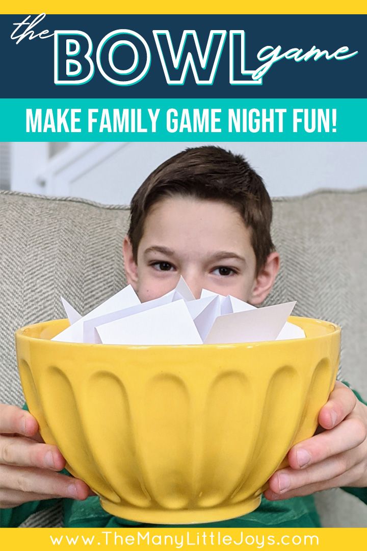 a young boy holding a yellow bowl with paper in it and the words, how to make family game night fun