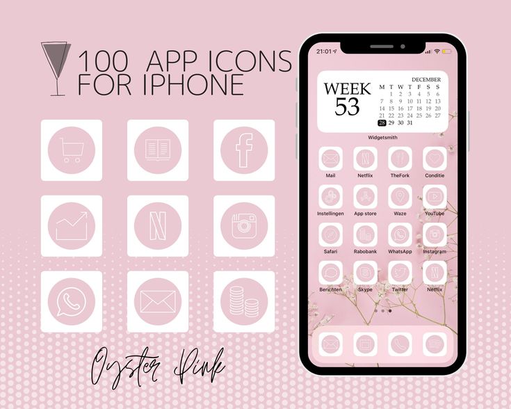 a pink phone with icons on it and the text 100 app icons for iphone week 53