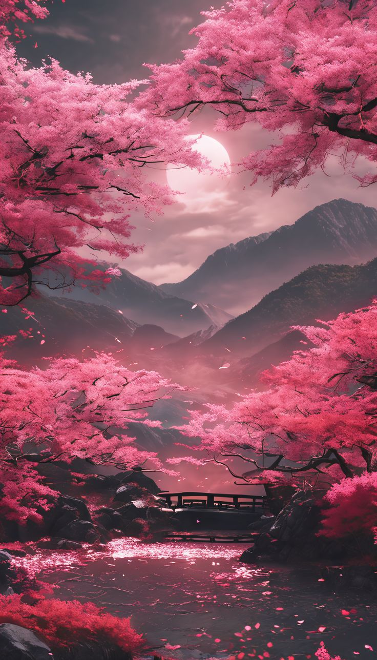 a painting of pink trees with a bridge in the middle and mountains in the background