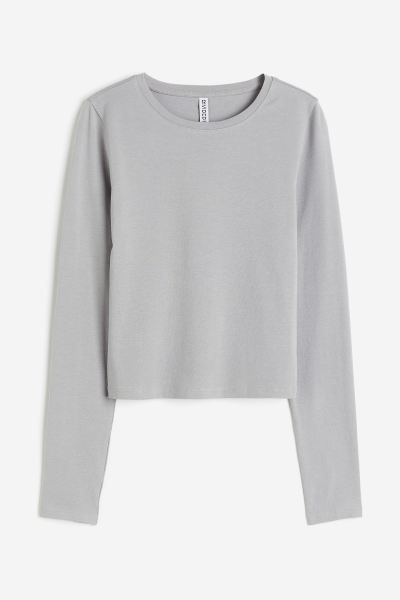 Short Jersey Top - Light gray - Ladies | H&M US 1 Trendy Long Sleeve Crew Neck Top With Thumbholes, Basic Long Sleeve Tops With Thumbholes, Everyday Crew Neck Long Sleeve Top With Thumbholes, Long Sleeve Tops With Ribbed Neckline For Spring, Fitted Long Sleeve Top With Thumbholes Crew Neck, Fall Scoop Neck Long Sleeve Top For Everyday, Trendy Long Sleeve Tops With Ribbed Neckline, Cotton Long Sleeve Crew Neck Top With Thumbholes, Crew Neck Long Sleeve Cotton Top With Thumbholes