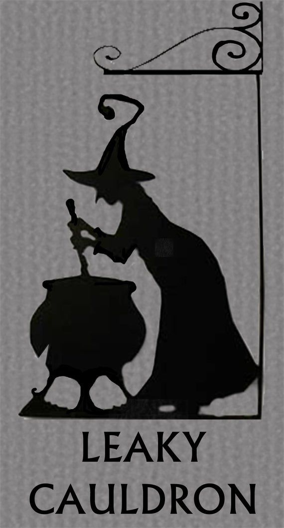 the logo for leaky cauldron is shown in black and white, with a silhouette