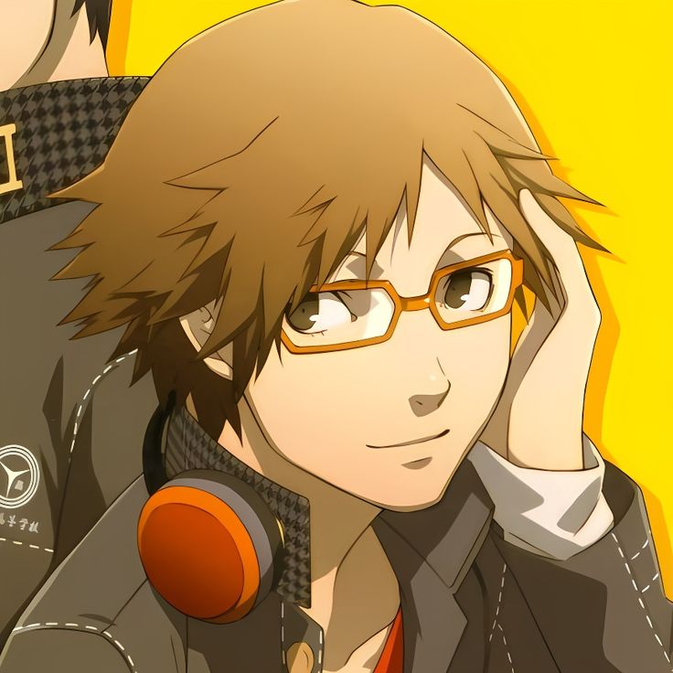 an anime character wearing glasses and holding his hand to his head, with another person in the background