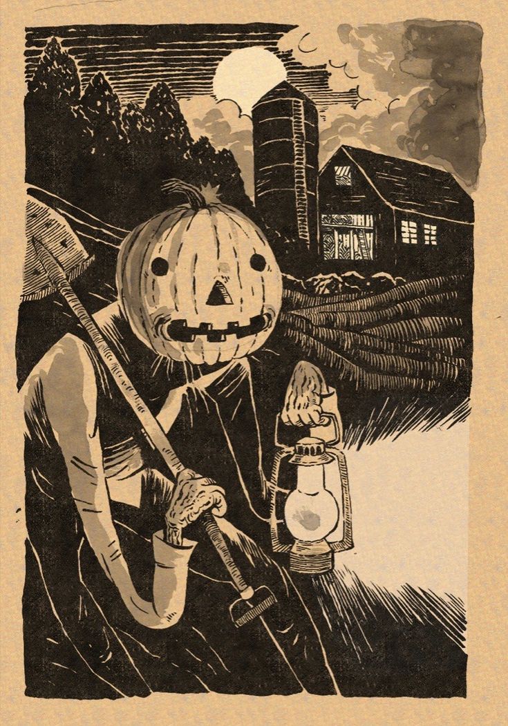 a drawing of a woman with a pumpkin on her head and a lantern in her hand