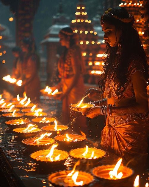 a woman standing in front of many lit candles