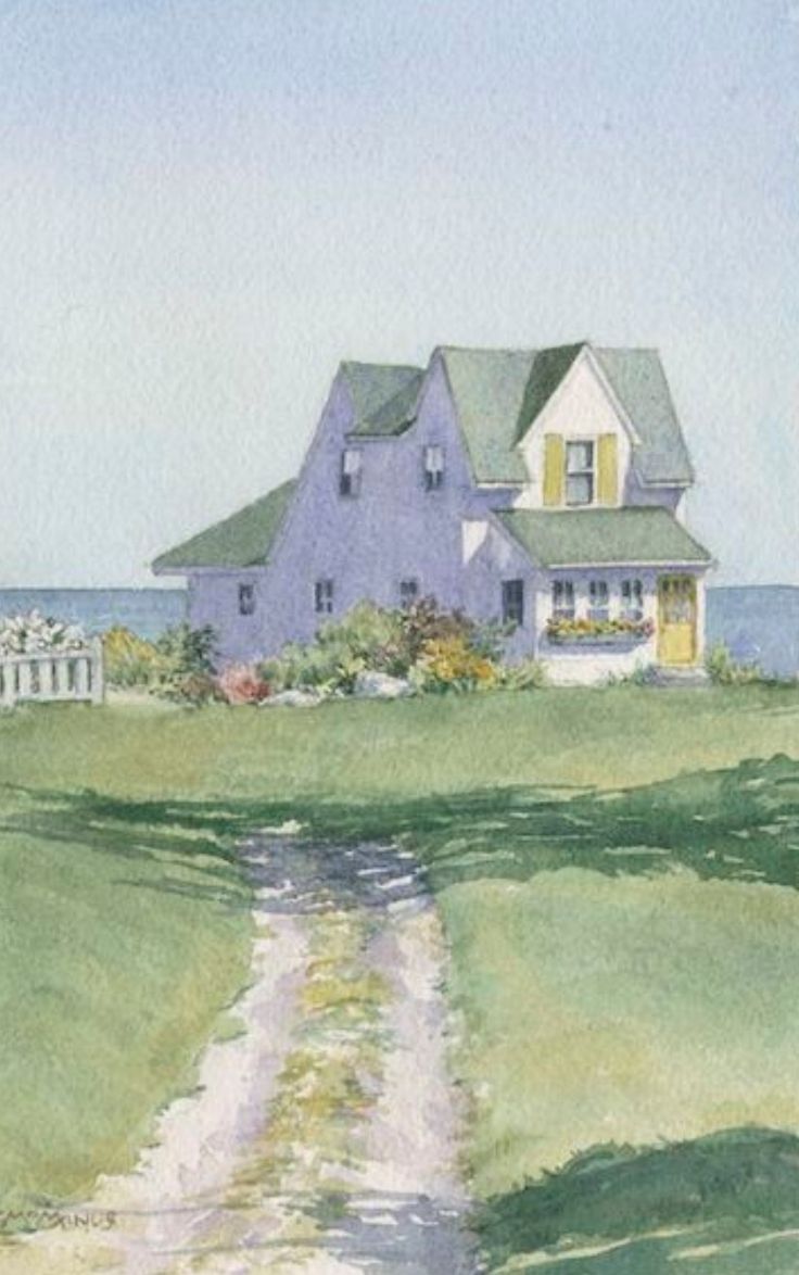 a watercolor painting of a house on the side of a road with a dirt path leading to it