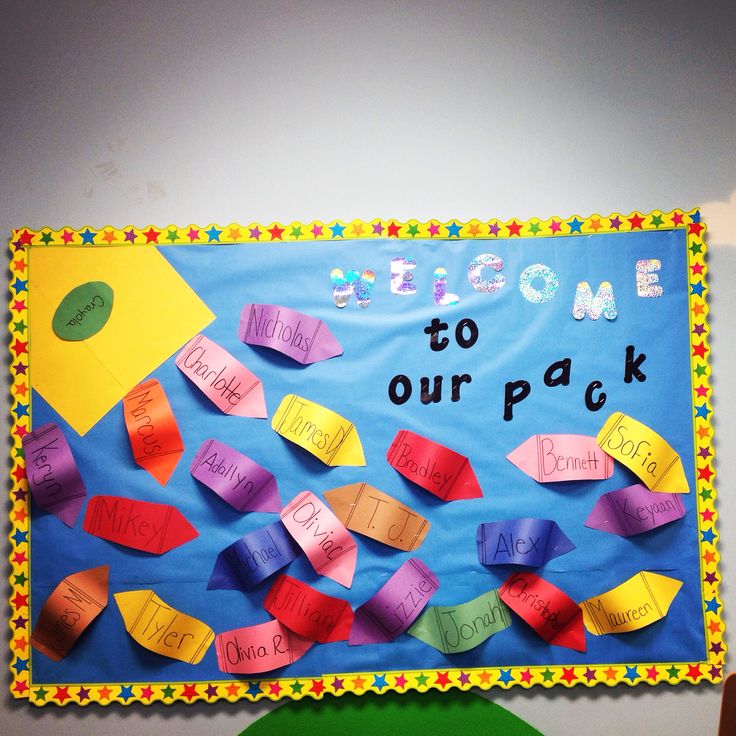 a bulletin board that says welcome to our pack with colorful paper pieces on the front