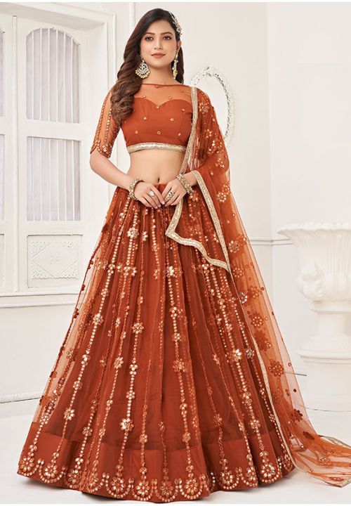 Rust Orange Embroidered Net Lehenga Choli Long Choli Lehenga, Stylish Lehenga, Lehenga Choli Latest, Net Lehenga Choli, Orange Lehenga, Bridesmaid Lehenga, Net Blouse, Butterfly Net, Indian Lehenga Choli