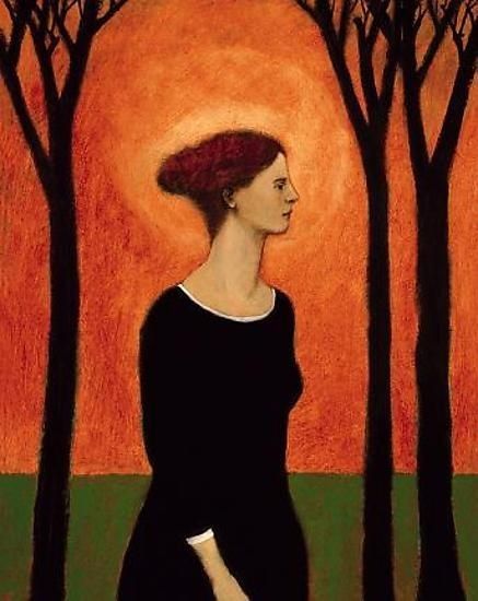 a painting of a woman standing in front of trees with an orange sky behind her