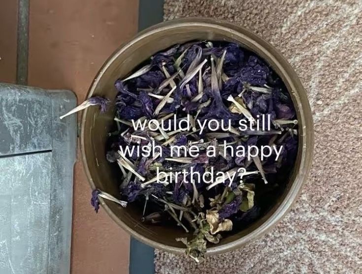 a bowl filled with purple flowers sitting on top of a floor next to a wall