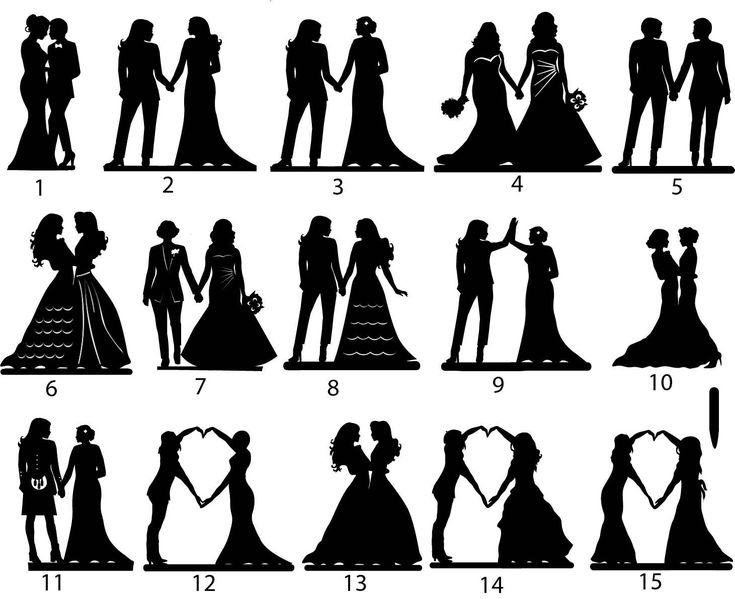 the silhouettes of people in wedding dresses holding hands and standing next to each other