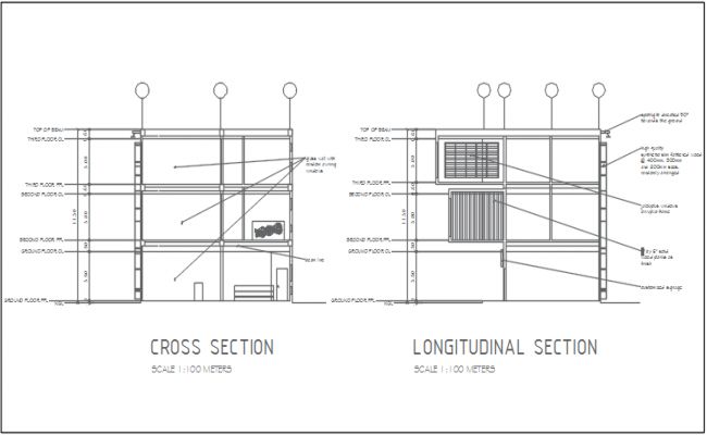 an architectural drawing shows the cross section, long - sectional section and horizontal section with different sections