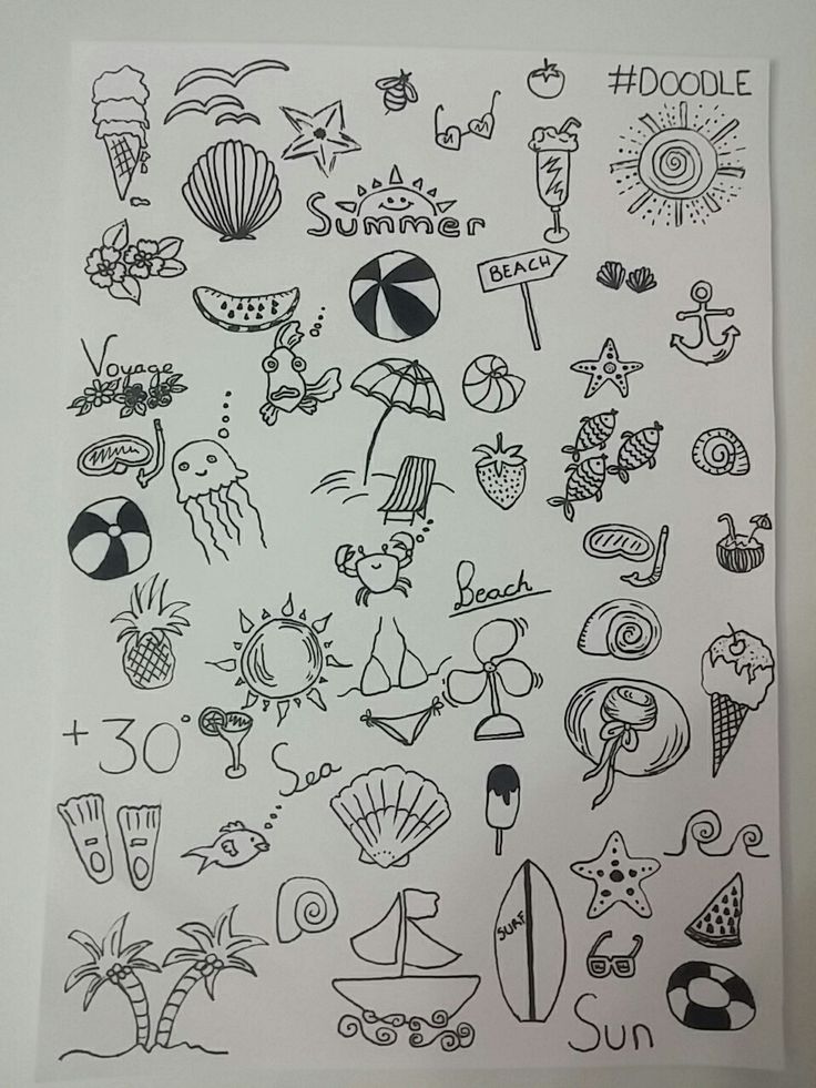 a sheet of paper that has various doodles on it, including an umbrella and other things