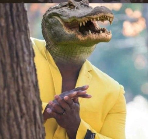 a man in a yellow shirt is next to a tree with an alligator's head on it