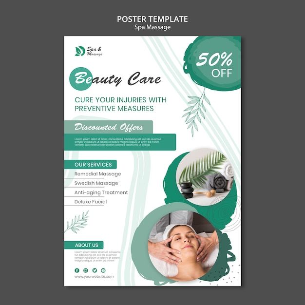 a flyer for a beauty salon with an image of a woman's face and leaves