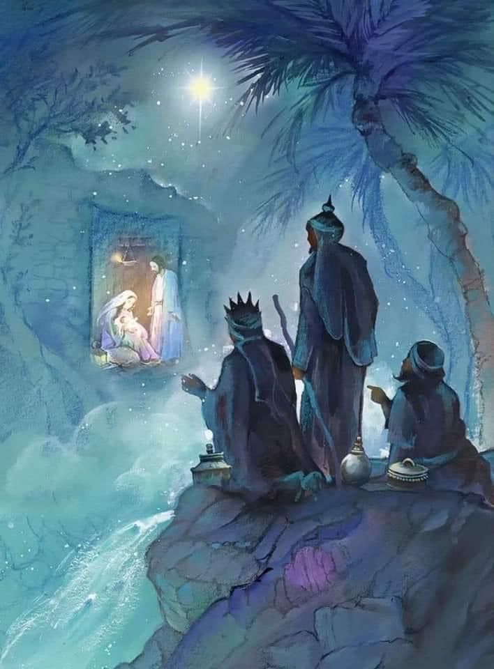 three wise men sitting on top of a rock in front of a nativity scene