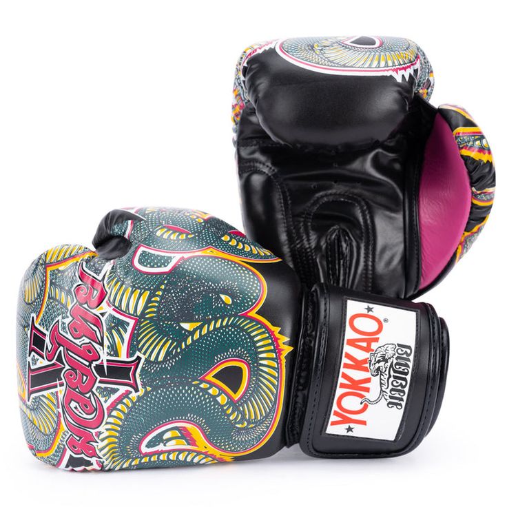 two black and pink boxing gloves with dragon designs on the front, one has a white background