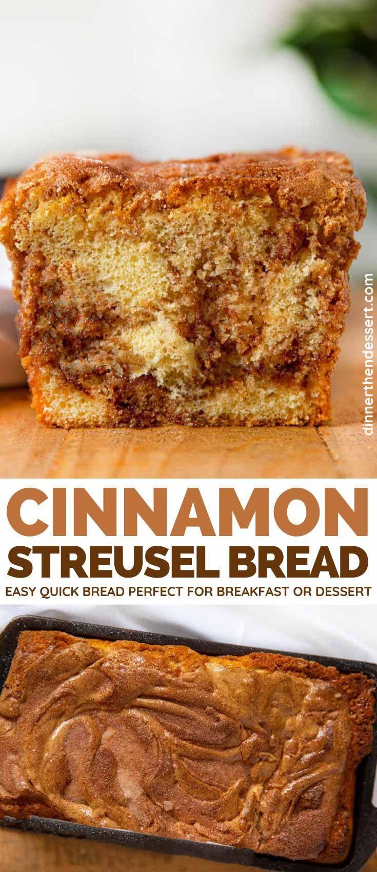 cinnamon streusel bread on a cutting board with the title overlaying it