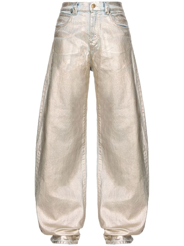 PINKO Metallic wide-leg Jeans - Farfetch Yoko London, City Dress, Relaxed Fit Jeans, Summer Beach Wear, Denim Design, Pocket Jeans, Jeans Denim, Wide Leg Jeans, Boyfriend Jeans