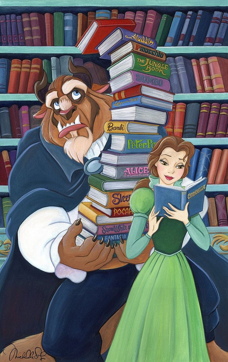 the beauty and the beast is reading in front of a bookcase full of books