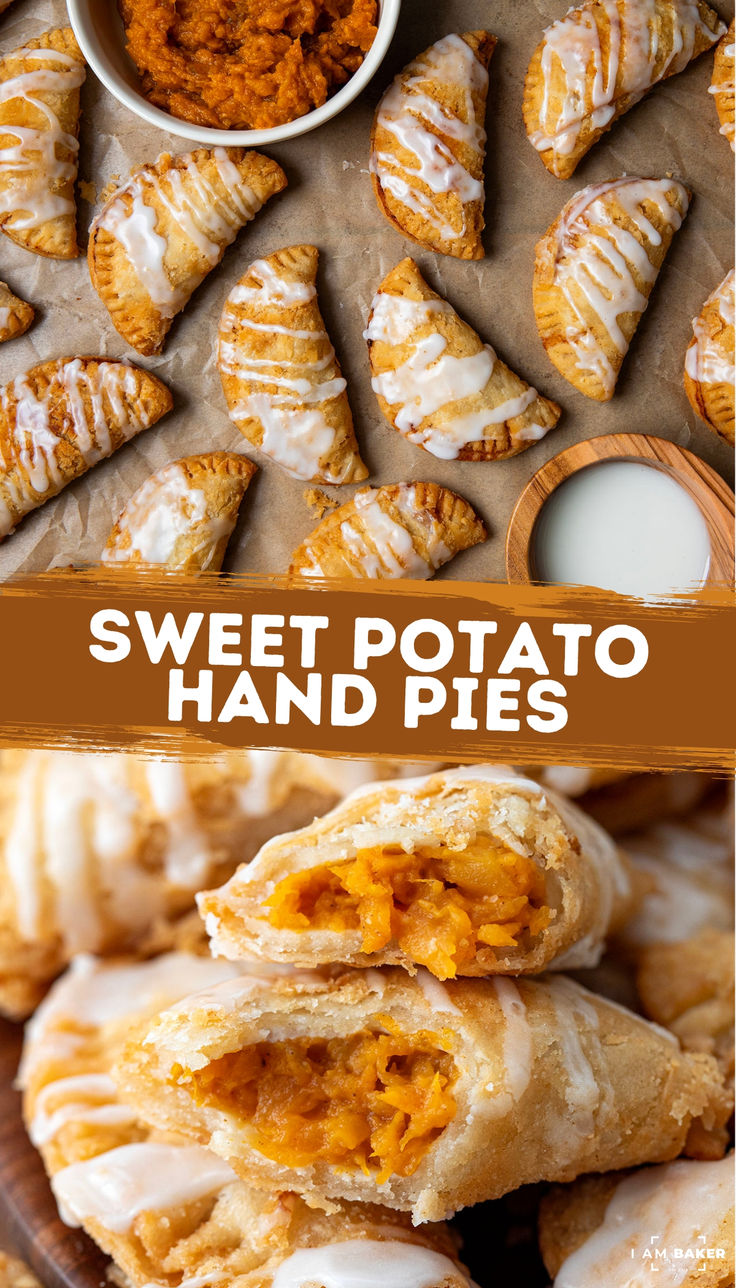 sweet potato hand pies with cinnamon glaze on top and the words sweet potato hand pies below