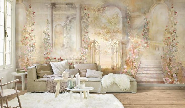 an elegant living room with floral wallpaper and white furnishs on the floor