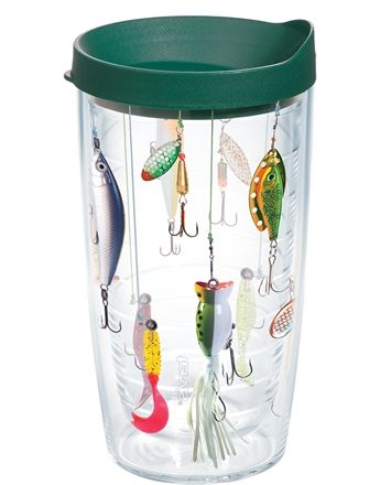 a plastic cup filled with lots of different types of fishing lures and hooks hanging from it's sides