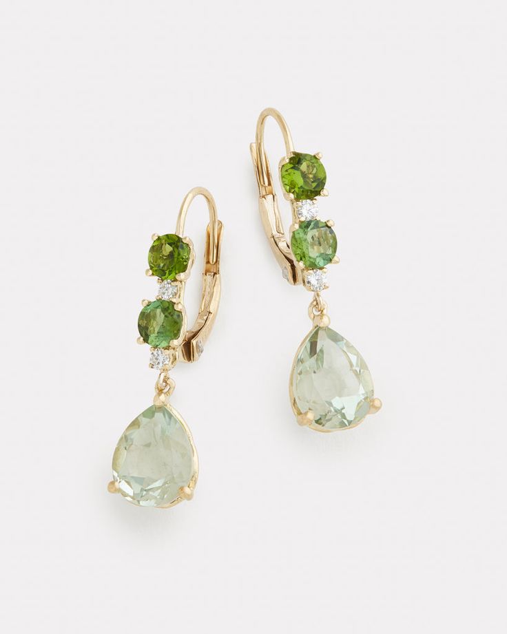 18K Yellow Gold Green Tourmaline and Green Amethyst Pear Shape Drop Earring with Diamonds, .1 TCW 1 Inch Long x 1/4 Inch Wide Style# YE2RPGGAW Opal Earrings, Green Amethyst, Bracelet Collection, Drop Earring, Green Tourmaline, Opal Rings, Pear Shape, Ring Necklace, Pear Shaped