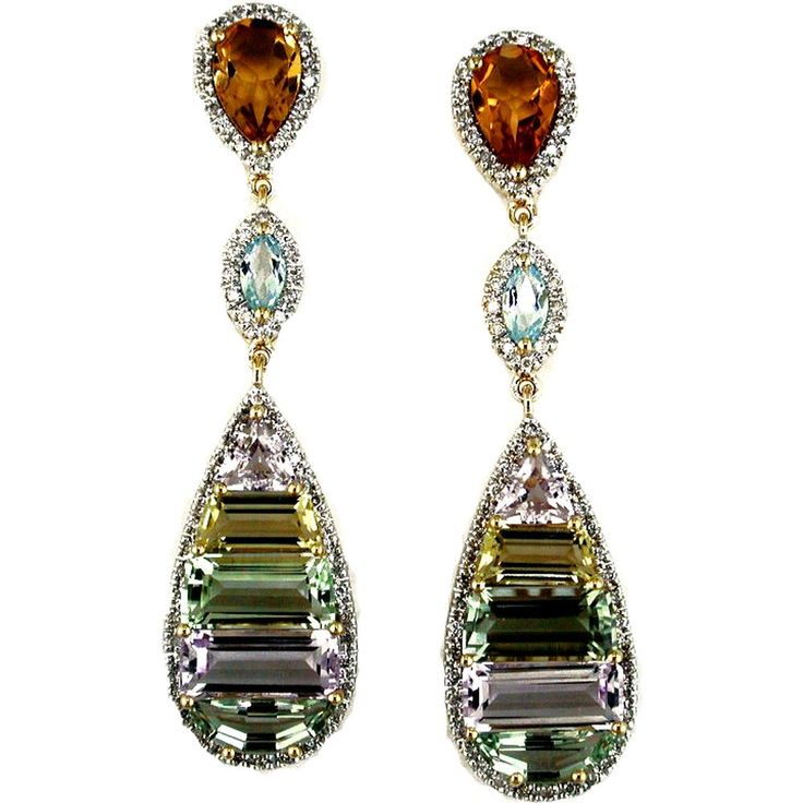 Royal 14K Yellow Gold Multi-Colored Gemstone Cluster Earrings - 0.52 Carat Diamonds Luxury Multi-stone Diamond Earrings For Formal Occasions, Luxury Multi-stone Teardrop Earrings, Luxury Multi-stone Earrings For Formal Occasions, Luxury Multi-stone Diamond Earrings, Formal Multi-stone Diamond Earrings, Luxury Multi-stone Diamond Earrings For Anniversary, Formal Multi-stone Fine Jewelry Earrings, Elegant Teardrop Multi-stone Earrings, Luxury Multicolor Diamond Earrings