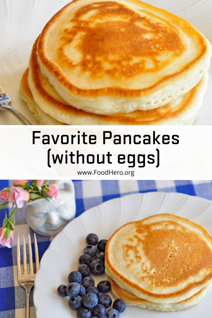 pancakes with blueberries and butter on top are shown in two different pictures, one is white