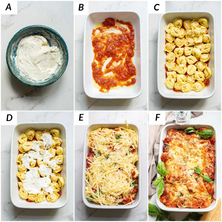 four different dishes containing pasta, sauces and other ingredients to make lasagna casserole