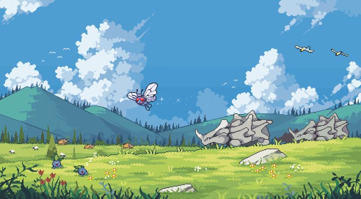 an image of a cartoon landscape with rocks and grass in the foreground, birds flying overhead