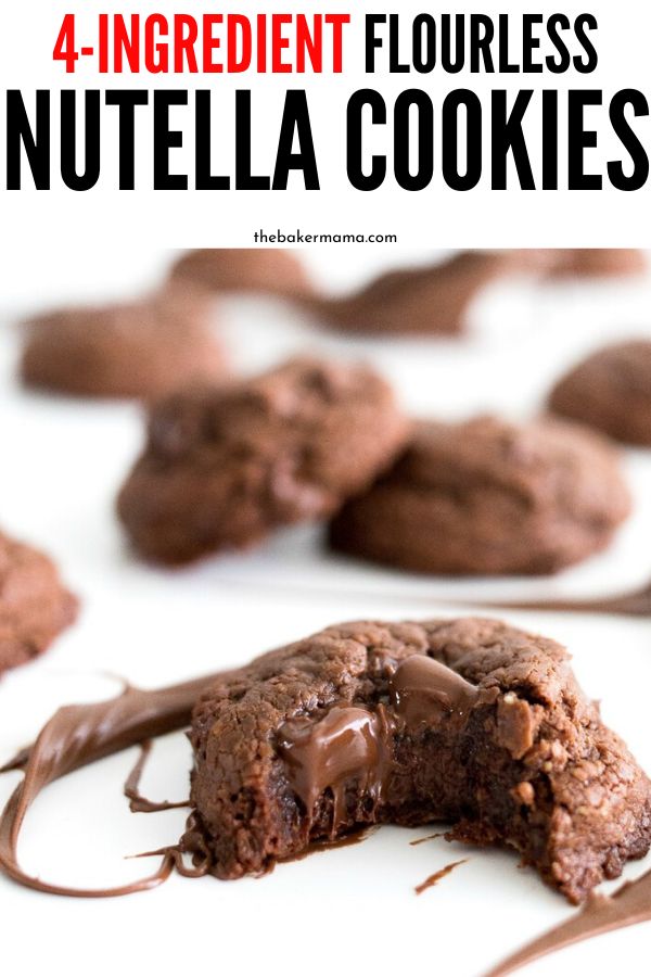 chocolate cookies are drizzled with melted chocolate on top and the words, 4 ingredient flourless nutella cookies