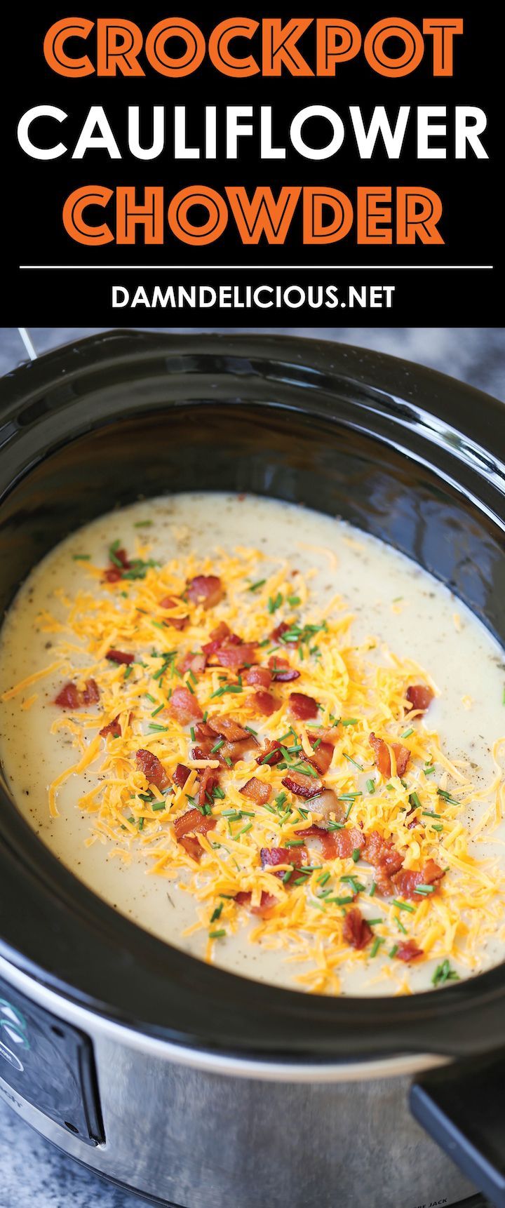 the crockpot cauliflower chowder is loaded with bacon and cheese