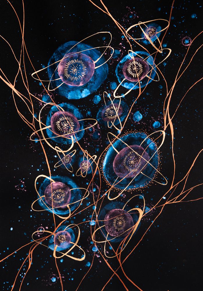 an abstract painting with blue and purple flowers in the center, on a black background