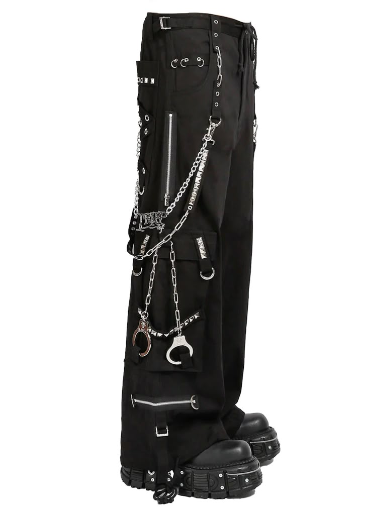 TOO MUCH HARDWARE? NOT EVEN A THING!🖤 �⛓️(ง •̀_•́)ง These black pants feature removable chains and handcuffs, a TRIPP NYC logo chain, adjustable ankles, studs, and deep pockets. – Drawstring and adjustable waist buckles allow for a tighter fit on the waist. 100% Cotton. Waist measurements are based on the waistband's full extension - that is the maximum inches that the waist will extend to. MODEL IS WEARING X-SMALL SIZE WAIST (Fully Extended) INSEAM XS 31 32 S 33 32 M 35 32 L 38 32 XL 41 32 XXL Nyc Tripp Pants, Chain Pants Outfit, Cool Pants Design, Pants With Chains, Trip Pants, Alternative Pants, Nyc Logo, Tripp Nyc Pants, Chain Pants