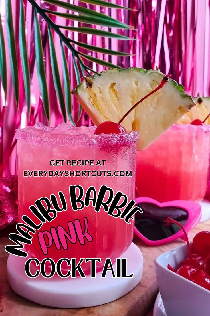 pink cocktail in a glass garnished with a pineapple wedge and cherry Pink Drink With Malibu Rum, Simple Pink Alcoholic Drinks, Barbie Birthday Dinner, Barbie Frat Party, 21st Birthday Ideas At The Beach, Barbie Birthday Party 22, Barbie Inspired Alcohol Drinks, Barbie Theme Beach Party, Barbie Mixed Drink