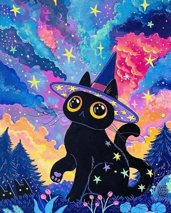 a painting of a black cat wearing a witches hat with stars in the night sky