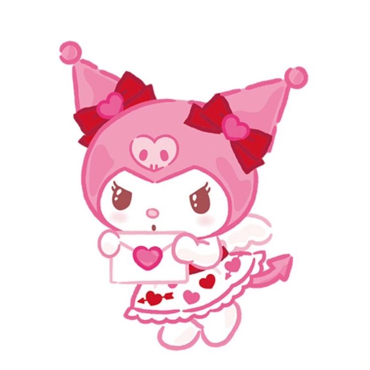 a pink cartoon character holding a sign with hearts on it's chest and wearing a red bow