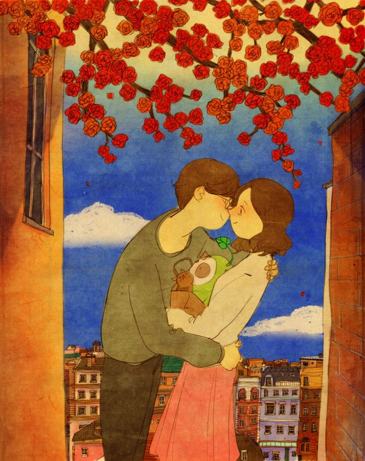 a painting of a man and woman kissing under a tree with red flowers on it