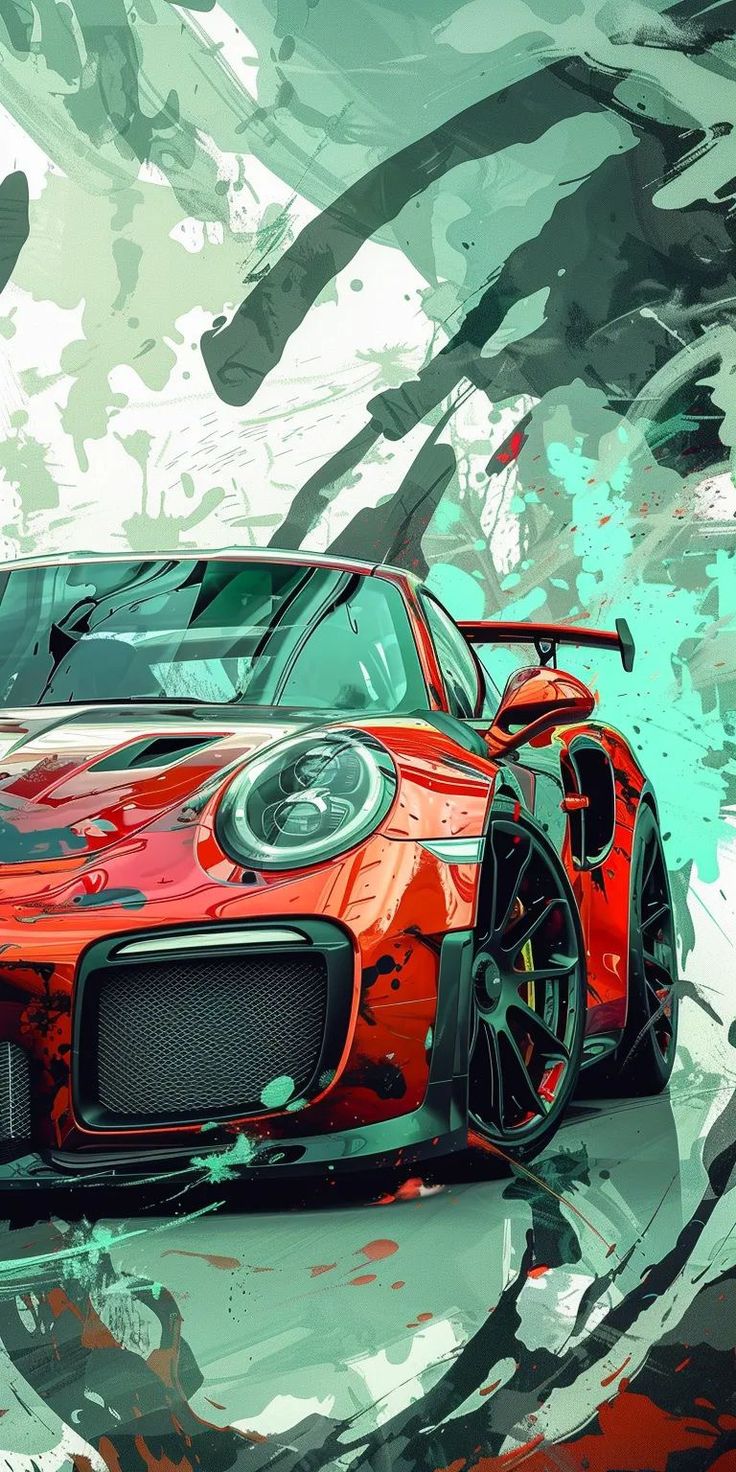 a red sports car is shown in this artistic painting