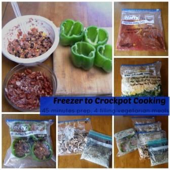 several pictures of frozen food including peppers, meats and vegetables in bags on a wooden table