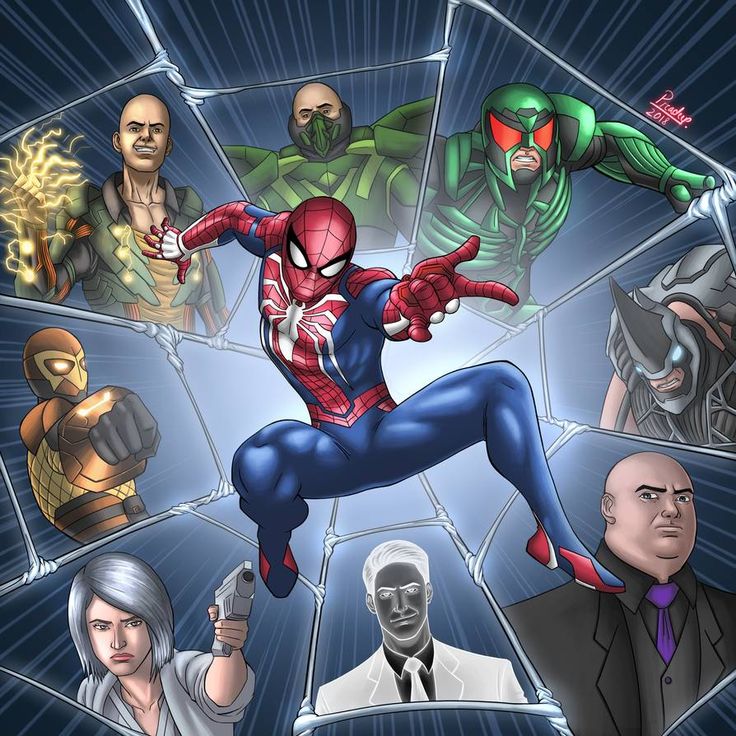 an image of a spider man surrounded by other characters