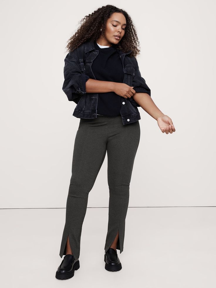 This skinny pant is designed for comfort, cut from our Everywhere Ponte fabric with a split-hem detail at the front.  We developed this special Ponte de Roma, enhancing its softness with special stretch fibers that create a smooth, supportive fit that always looks polished.  4-way Stretch Skinny Fit: High rise (10").  Skinny fit with a split-hem detail.  Full length.  Sustainability: Made with Birla Livaeco™ viscose, a fiber derived from renewable wood resources and sourced from responsibly mana Stretch Pants With Side Slits And Split Hem, Stretch Bottoms With Split Hem, Fitted Bottoms With Split Hem For Fall, Casual Pants With Side Slits And Split Hem, Stretch Bottoms With Side Slits And Split Hem, Stretch Straight Pants With Side Slits, Stretch Bottoms With Side Slits And Straight Leg, Stretch Pants With Side Slits, Business Attire Ideas