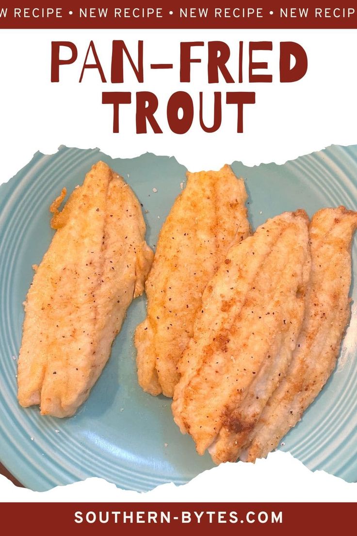 two pieces of chicken on a plate with the words pan - fried trout