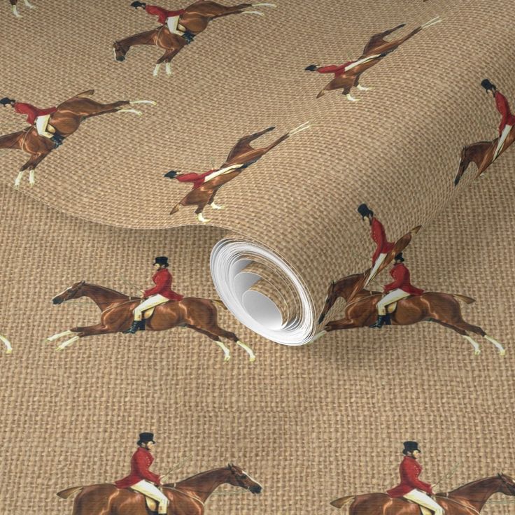 a wallpaper with horses and jockeys on brown fabric, the background is made up of