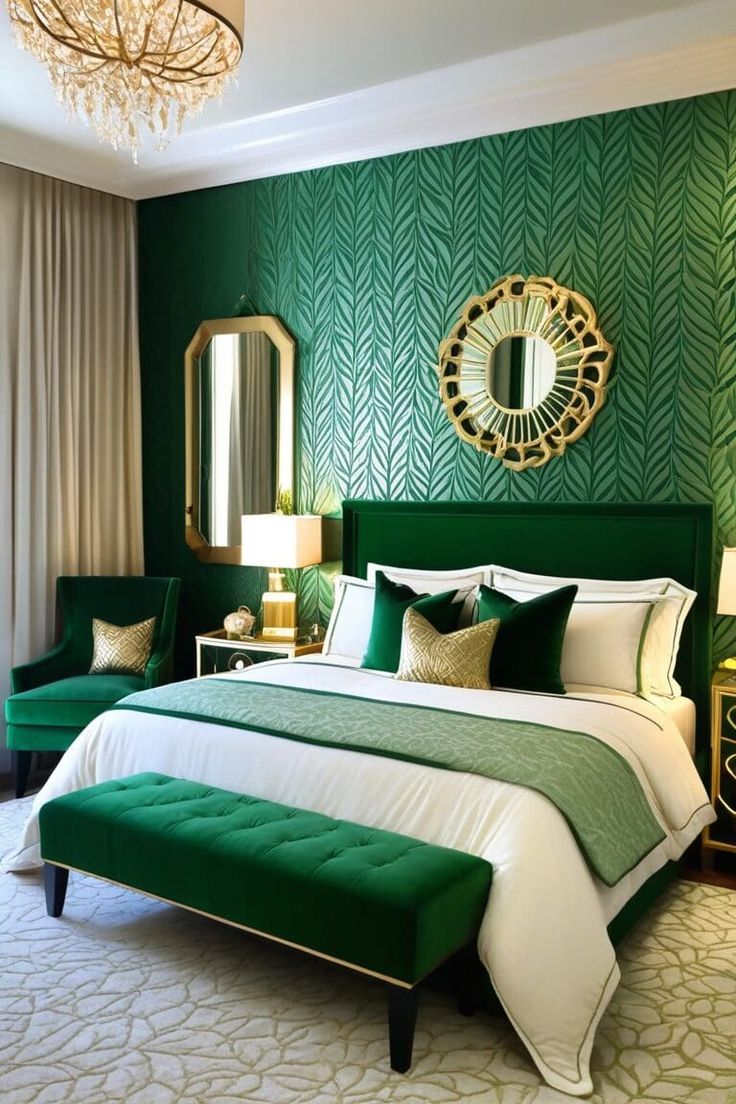 a green and white bedroom with a large bed in the center, two lamps on either side